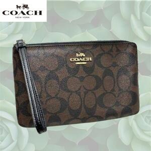 COACH コーチ リストレット ポーチ シグネチャー ブラウン×ブラック