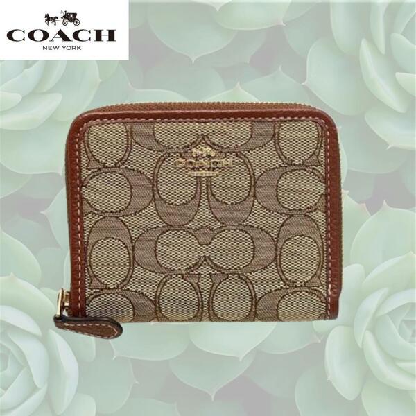 COACH コーチ コインケース カードケース ミニ財布 カーキ×サドルマルチ