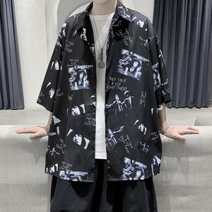 フォト プリント 半袖 柄シャツ XL キレイめ モード ストリート ブラック