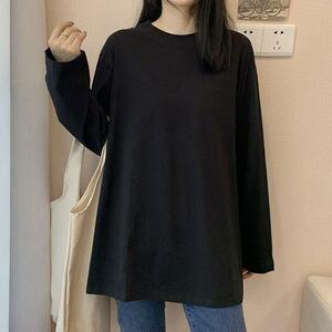 長袖 Tシャツ カットソー L 無地 シンプル オーバーサイズ ブラック 韓国