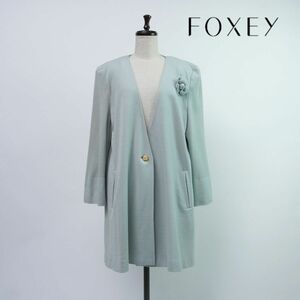 FOXEY フォクシー ウール100% コサージュ付き ノーカラービッグシルエットロングジャケット レディース 緑 グリーン サイズF*OC1661