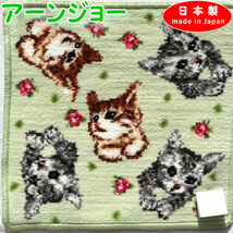 日本製 ハンカチ 花ネコ しま猫 グリーン 高級 シェニール織 アーンジョー 猫 ねこ ネコ 猫柄 タオルハンカチ 23cm_画像1