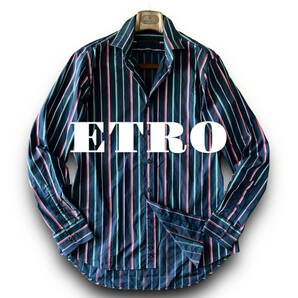 B13 美品 人気のレトロデザイン! 定価5万 XLぐらい 41『エトロ ETRO』マルチカラーストライプ イタリアンコットン 長袖 シャツ ネイビーの画像1