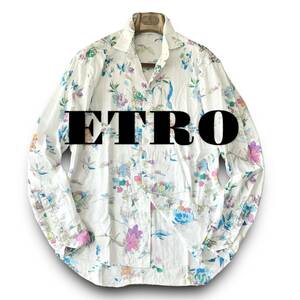D10 美品！アートのような逸品！定価6万 XL前後 41『エトロ ETRO』イタリアンコットン 手書き調デザイン 長袖 シャツ ホワイトマルチカラー