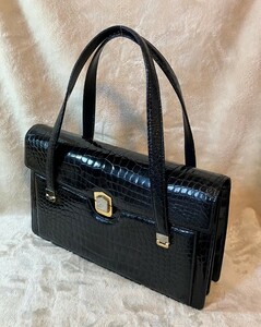 ★美品★CROCODILE クロコダイル シャイニング エキゾチックレザー ハンドバッグ トートバッグ ゴールド金具 ブラック 黒 高級 小銭入れ付 