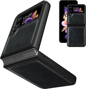 Premium Genuine Leather Samsung Galaxy Z Flip 4 5G Case, Slim Hard PC Black 海外 即決