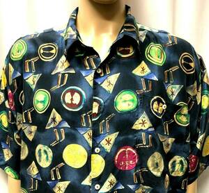 Silk Shirt Mens XL Double Twin Faces Abstract Pop Art Burma Bibas Vintage 海外 即決