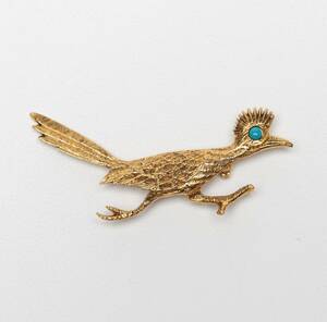 Vintage Signed J. Ritter Roadrunner Bird Brooch Pin Gold Tone Turquoise Eye 海外 即決