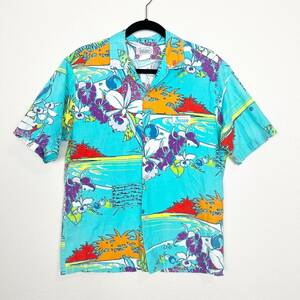 VTG Surf Line Hawaii Med Original Jams Turquoise Retro Floral Button Front Shirt 海外 即決