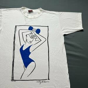 Vintage Art Shirt Mens L White Blue Women Dancing Ty Wilson Cartoon 80s Tee 海外 即決