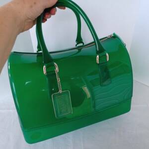 Original FURLA Opaque Candy Bag Smereldo Green Color PVC Boston Satchel Lge 海外 即決