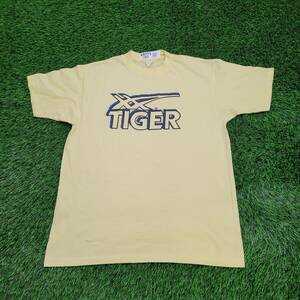 Vintage 80s ASICS Onitsuka Tiger Shirt L-Short 21x27 Yellow Blue RARE Spellout 海外 即決