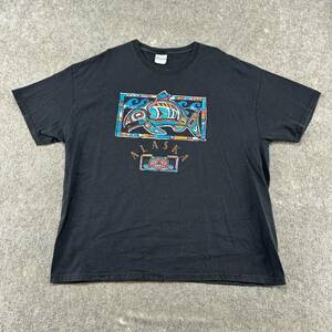 VINTAGE Alaska Shirt Mens XL Black Graphic Tribal Salmon Native Totem Art Y2K 海外 即決