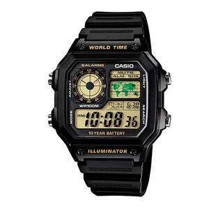 Casio AE-1200 WH 1B Sports Black World Time, 10 Year Battery LED Water Resistant 海外 即決