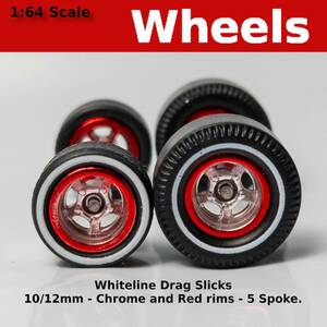 Muscle Car - Red/Chrome 5 spoke Whiteline Drag Slicks - 10/12mm for Hot Wheels 海外 即決