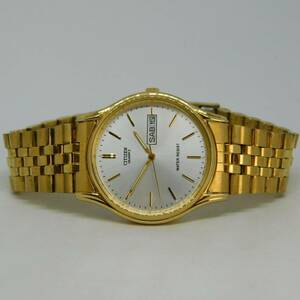 CITIZEN 6100-S38222 HSB Gold Tone Quartz Men's Watch Sz. 7 3/4" New Battery 海外 即決