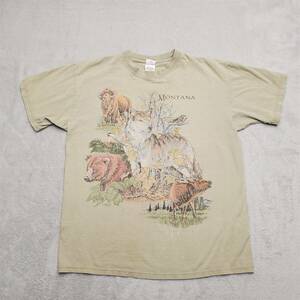 Vintage Nature T Shirt Mens Large Green Outdoors Montana Wolf Bison Tourist TEE 海外 即決