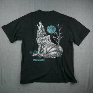 VINTAGE Wolf Shirt Large Black Single Stitch 80s Howling Moon Minnesota Wolves 海外 即決