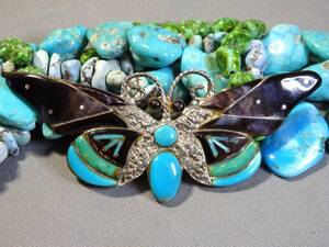 ZUNI Design Natural TURQUOISE Shell Sterling Silver 3.5" BUTTERFLY Pendant Pin 海外 即決