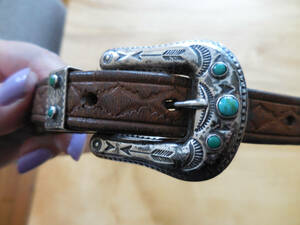 VTG Ranger Leather Belt Sterling Turquoise Stones Buckle Tooled Aztec Signed 30" 海外 即決