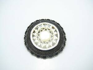 950 Silver Mother Of Pearl Cutout Round Snowflake Pin Or Brooch 海外 即決