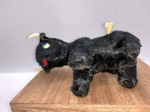 VTG midcentury toy wind-up bull 5"tall TLC nonworking faux fur blue plastic eyes 海外 即決