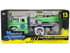 1966 CHEVROLET C60 FLATBED & 1961 CADILLAC GREEN 1/64 BY MUSCLE MACHINES 11545 海外 即決