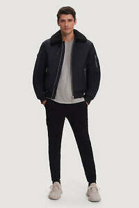 Noize Brian Faux-Shearling-Collar Short Bomber Jacket Navy Eclipse-Medium 海外 即決