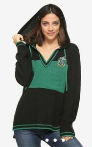 HARRY POTTER SLYTHERIN HOODED STRIPED SWEATER HOGWARTS CREST HOODIE GREEN BLACK 海外 即決