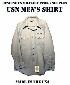 TAPE REMOVED US NAVY USN BLUE CHAMBRAY UTILITY WORK LONG SLEEVE SHIRT MENS M/L32 海外 即決