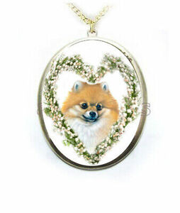 Pomeranian Dog Lily of Valley Heart Porcelain Cameo Necklace Handmade gold platd 海外 即決