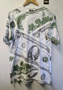 Vtg 90s $100 Dollar Bil AOP T Shirt L Benjamin Franklin Signal Single Stitch 海外 即決
