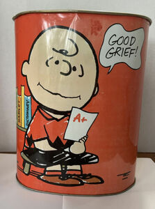 Vtg Peanuts Cheinco Charlie Brown Snoopy Metal Garbage Can Tin 1969 Waste Basket 海外 即決