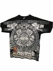 Vintage Aztec Calendar AOP T Front And Back Shirt Mens Large Made In Mexico Mint 海外 即決