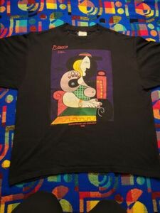 Vintage 90s Pablo Picasso Mens Shirt XL Seated Woman Black 1995 海外 即決