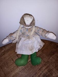 Handmade Vintage Ragdoll Cloth Blonde Yarn Hair Green Eyes Green Felt Boots 14" 海外 即決