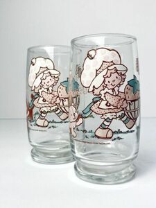 Vintage Strawberry Shortcake Glass Tumbler Set 2 Custard Cat 1980 12oz Juice 海外 即決