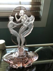 Vintage Czech Art Deco Intaglio cut 3 Nude Ladies Pink Crystal Perfume Bottle 海外 即決