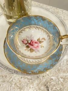 aynsley tea cup and saucer Aqua Gold Gilt Pink Roses Antique Vtg 海外 即決