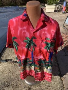 Vintage VHO Hawaiian Aloha Shirt Tropical Palm Trees Red Green XL 海外 即決