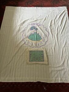 Antique Hand Embroidery Violets Lady Parasol Lace Boudoir Bedspread Pillow Cover 海外 即決