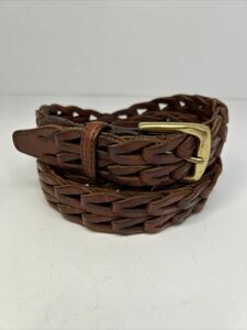 Men's 42” Brown Soft Leather Woven Braided Belt With Solid Brass Buckle 海外 即決