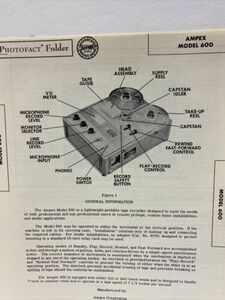 1956 AMPEX 600 REEL To REEL Tape Recorder Photofact MANUAL Portable Machine Vtg 海外 即決