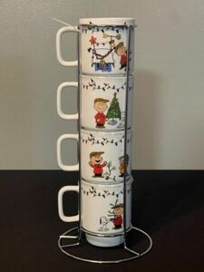 Peanuts Snoopy Ceramic Stackable Stand Coffee Tea Mugs Cups Set 4 海外 即決