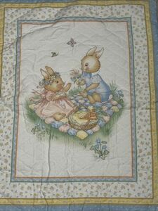 Vintage Handmade Baby Crib Blanket Comforter Picnic Rabbits Quilt 1990’s 32X40 海外 即決