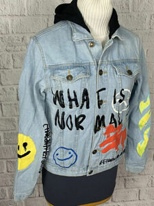 Rue 21 Denim Jacket Hooded Graffiti What Is Normal RIP To My Former Self S 海外 即決