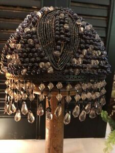 Vintage Metal Wire and Black-Clear Beaded Plastic Crystal Seed Beads Lamp Shade 海外 即決