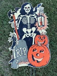 vtg 90s Halloween 28" plastic sign grim reaper Skeleton skull death 海外 即決