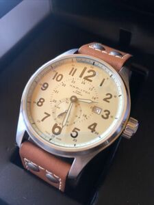 HAMILTON KHAKI OFFICER CHAMPAGNE DIAL ORIGINAL LEATHER BAND H706550 MINTY WATCH 海外 即決