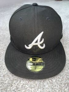 New Atlanta Braves 59FIFTY Fitted Baseball Hat Sz 7 Black White Logo New Era 海外 即決